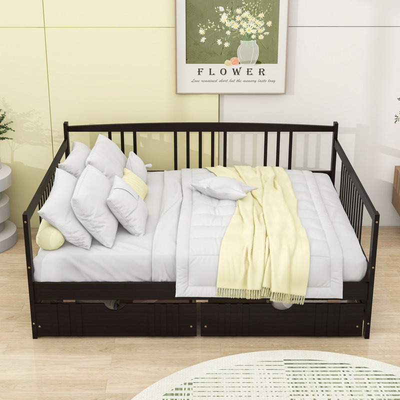 Full Size Wooden Daybed with Dual Drawers and Slats, Espresso