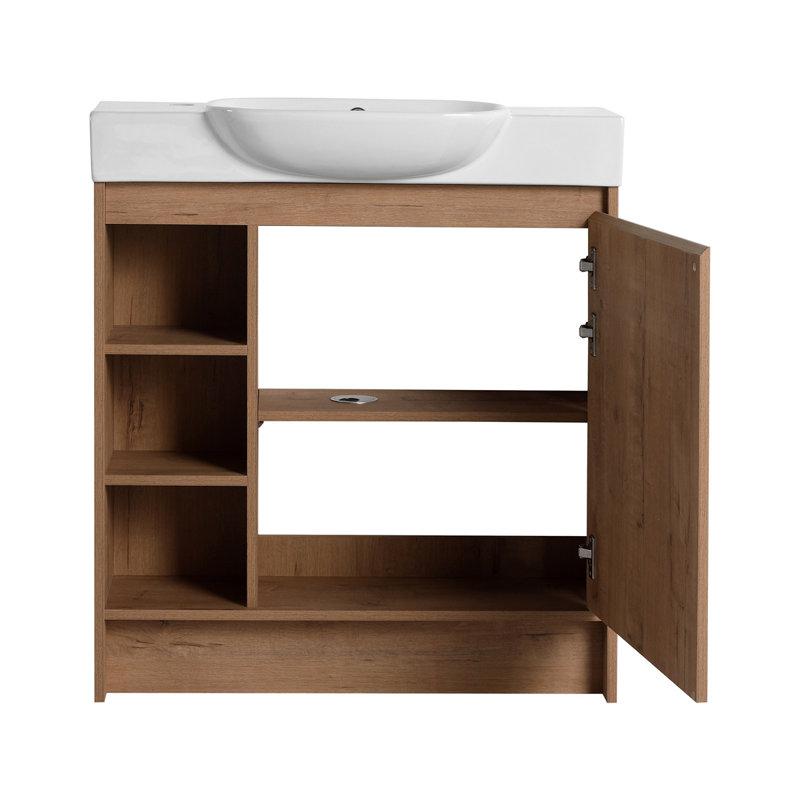Meuble-lavabo autoportant de 30 po avec lavabo en céramique et porte à fermeture en douceur, Chêne