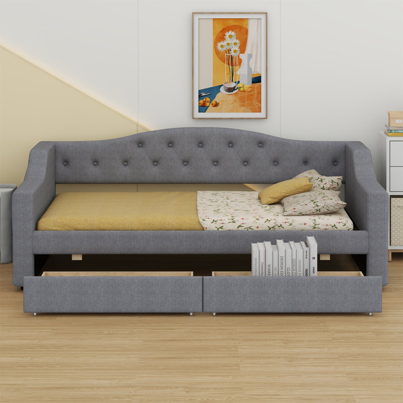 Upholstered Daybed With LED Belt And 2 Drawers, Gray
