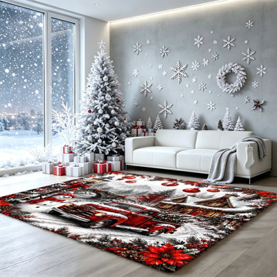 Christmas Snowman and Truck Area Rug, Festive Winter Scene Home Decor, Durable Stain Resistant Non-Slip Indoor Floor Mat for Living Room, Bedroom, Entryway, Home Office and Holiday Spaces