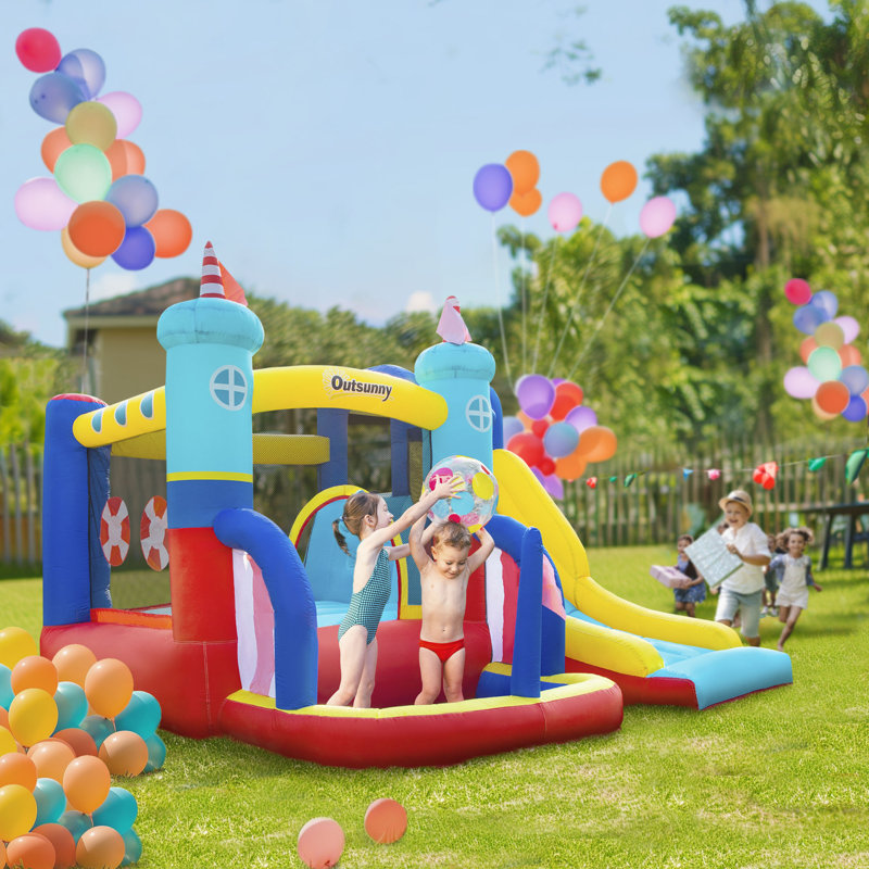 Outsunny Kids Bouncy Castle with Slide Pool Trampoline Climbing Wall w/ Blower