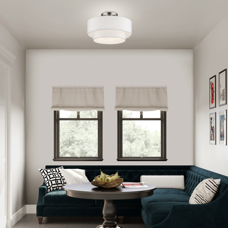 3 Light Soft Gold Large Semi-Flush With Hand Crafted Off-White Color Fabric Hardback Shades, Brushed Nickel