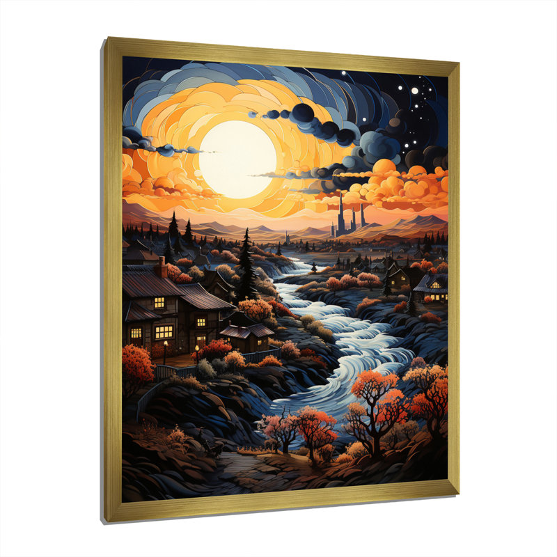 «Van Gogh», reproduction d'art sur toile, «Vangogh Village At Sunset I», H 44 po x l 34 po x P 1,5 po, Cadre doré simple