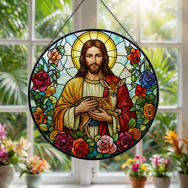 Jesus Deer Stained Glass Window Panel，12"H, 12"H