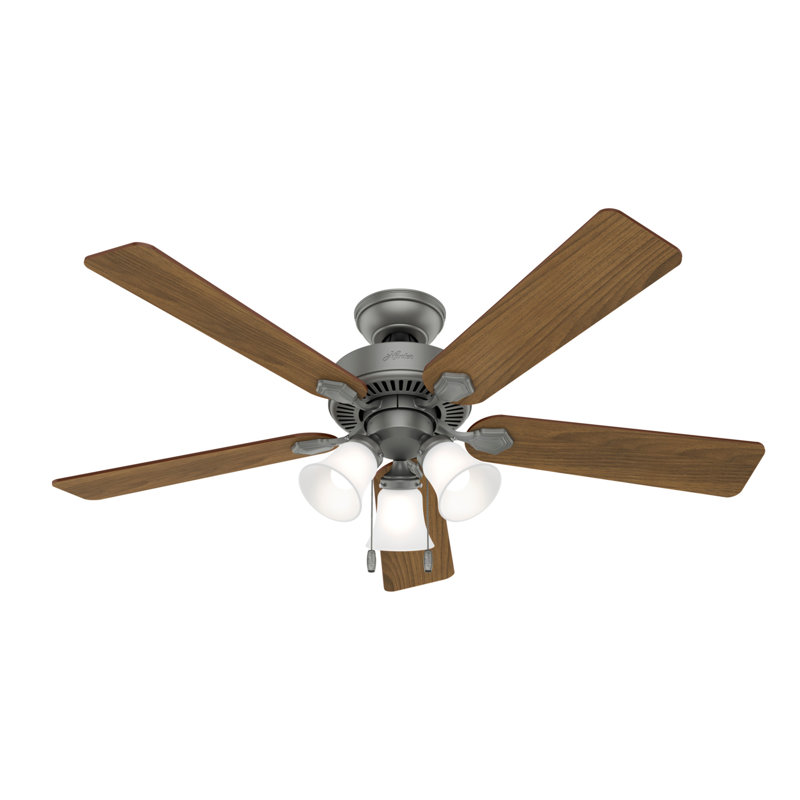 44" Swanson 5 - Blade Indoor Traditional Ceiling Fan with  Lights and Pull Chains, Matte Silver, 52"