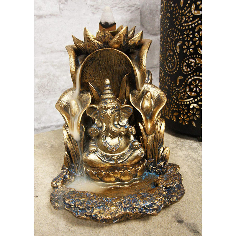 Statue dorée de l'hindouisme doré Ganapati, seigneur Ganesha, avec 4 mains assises sur un trône de lotus, statue de brûleur d'encens de 5,25 pouces