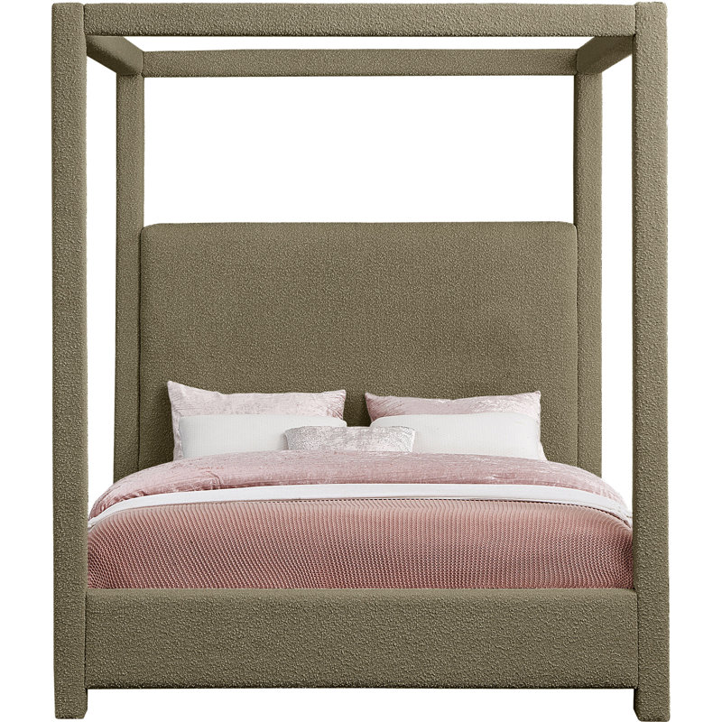 Upholstered Canopy Bed, Olive Boucle Fabric, Queen
