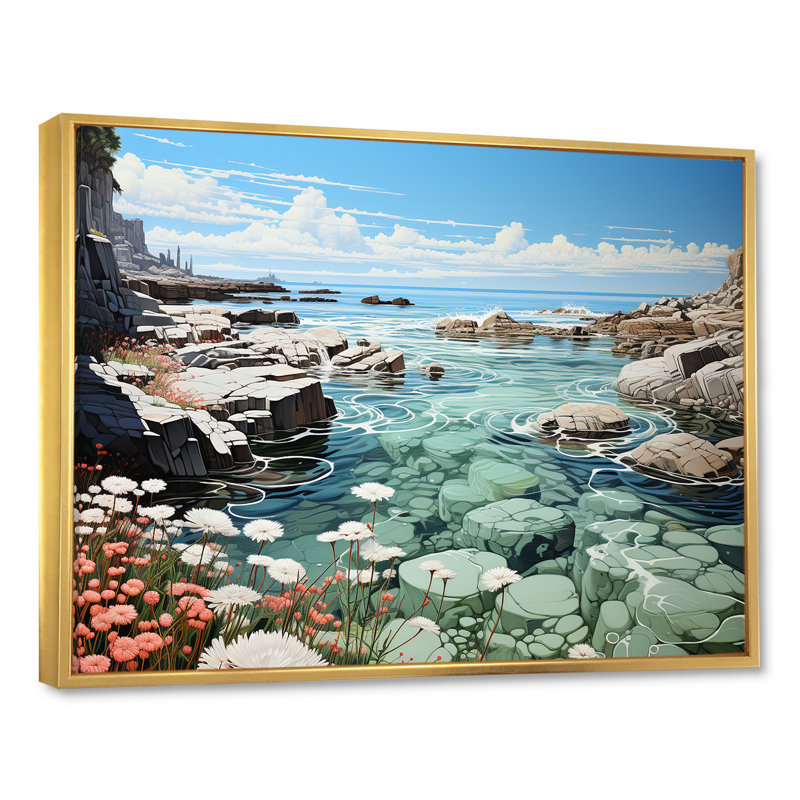 Paysage de plage sauvage III sur toile, Cadre flottant doré, H 34 po x l 44 po x P 1,5 po