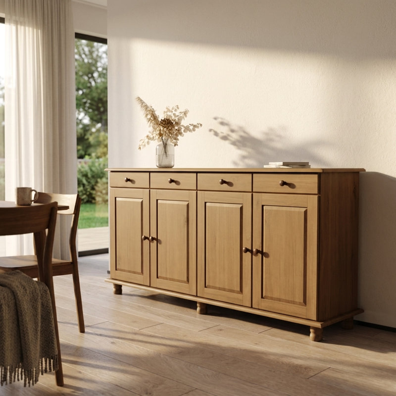 Buffet en bois massif à 4 portes et 4 tiroirs Rubi, armoire traditionnelle de 66,5 pouces de largeur, Freijo