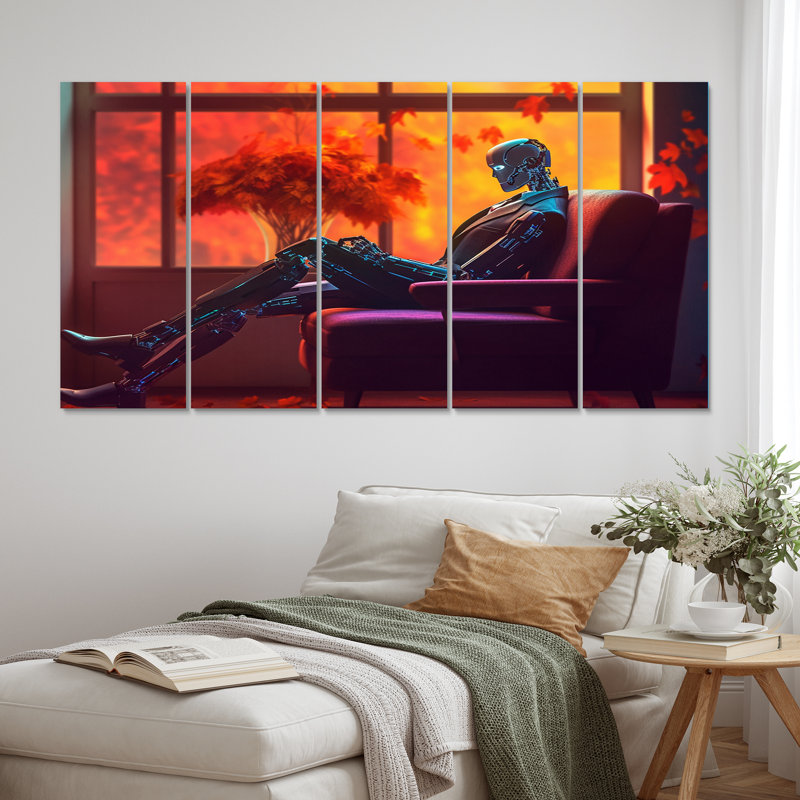Stylish Humanoid Android Sitting On Couch I - Robot, reproduction d'art sur toile - 5 panneaux égaux
