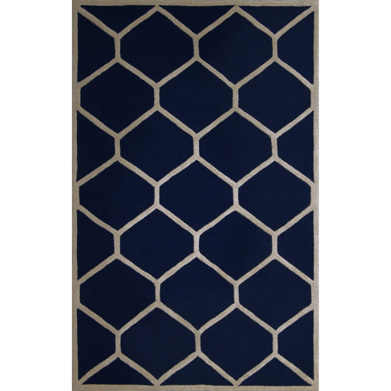 Navy Blue and Ivory Hand-Tufted Wool Geometric Area Rug