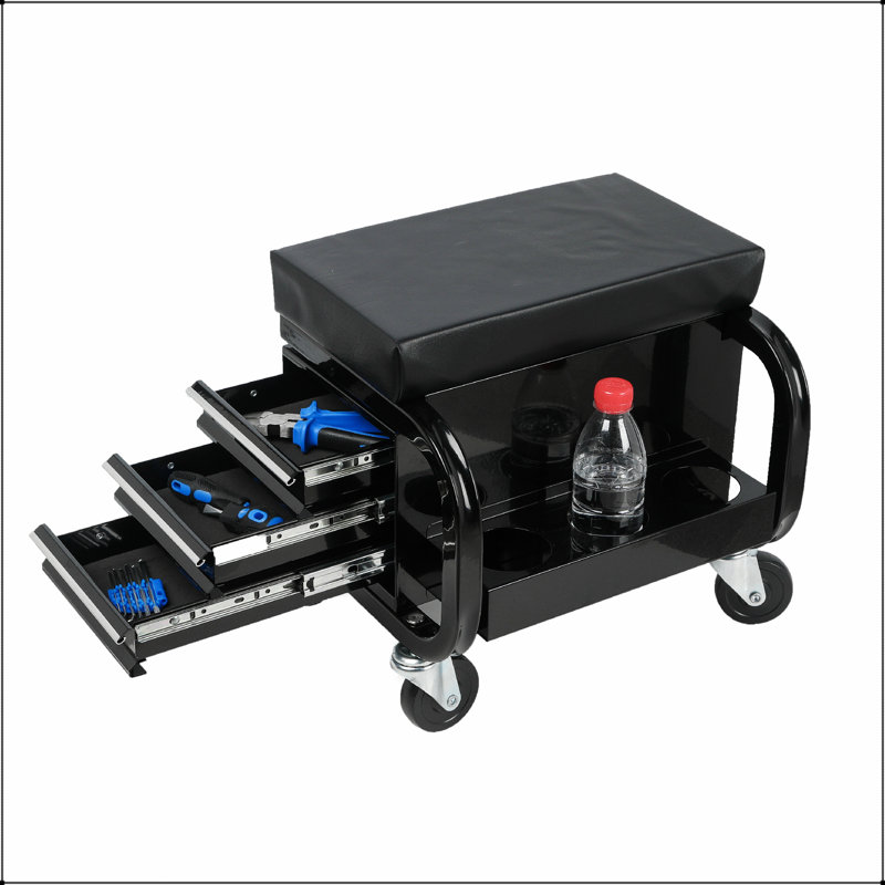 Siège de garage / atelier roulant avec trois tiroirs intégrés, coffre à outils confortable et durable