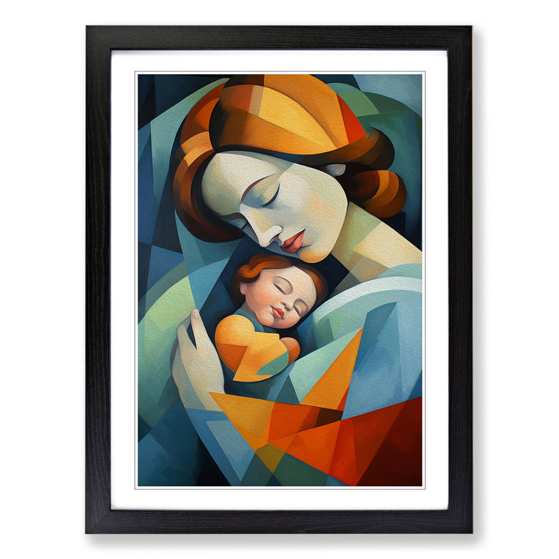XYZ-FRM-V1223-4562 Mother And Baby Cubism No.2 - Single Picture Frame Print on Wood, 64cm H x 46cm W x 2cm D, Black