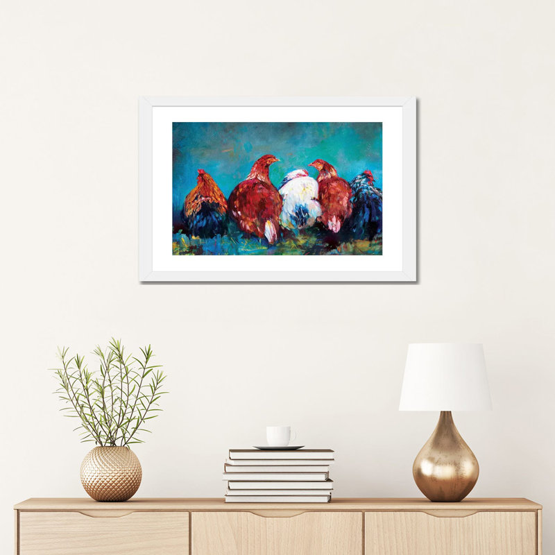 " Hen Friends " by Sue Gardner, White, White Framed Paper, 16" H x 24" W x 1" D