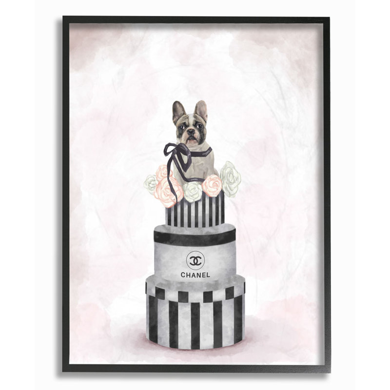 «Fashion Box Stack Pet Dog Pink Peinture», impression, H 14 po x l 11 po, Giclée encadrée noir minuit