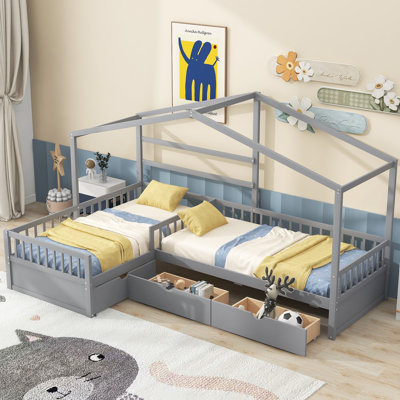 Lit plateforme simple avec 3 tiroirs de rangement, structure de lit en bois peu encombrante pour enfants et adolescents, finition grise