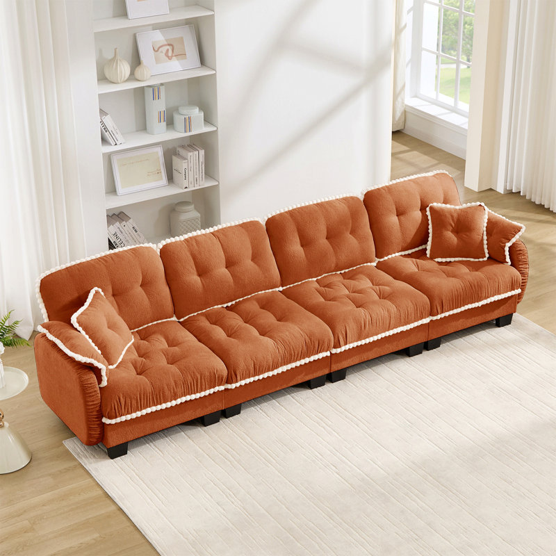 Canapé en chenille à 4 places avec 4 coussins, conception ergonomique et coussins capitonnés à garniture de pompons, siège profond facile à assembler pour le salon