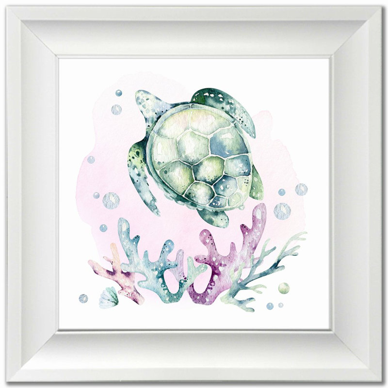 Tortue2, art mural sur toile, Cadre d'angle fermé blanc, H 17,5 po x l 17,5 po