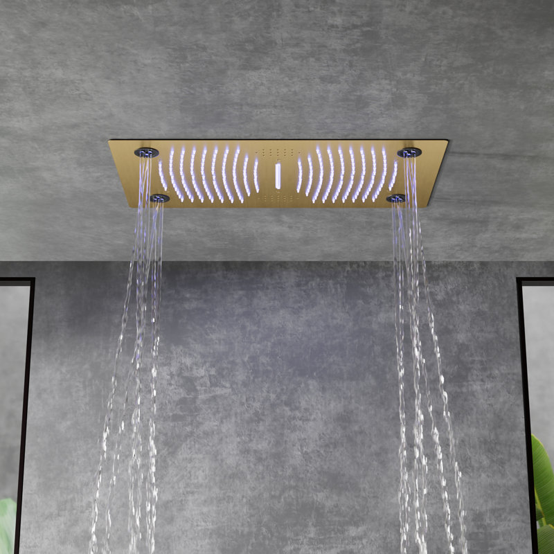 LED Thermostatic Shower Faucet,Slide Bar Shower Head with Bluetooth Music, Brushed Gold