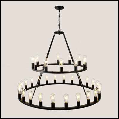 Très grand lustre 48 pouces à roulettes noires, 2 niveaux, 36 lumières (non incluses) Luminaire suspendu industriel rond de style maison de campagne réglable, pour salle à manger, salon, cuisine