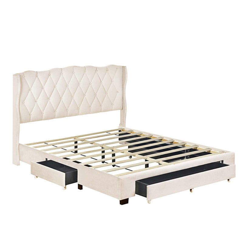 Grand lit plateforme capitonné avec tête de lit et 3 tiroirs Natacha, Beige