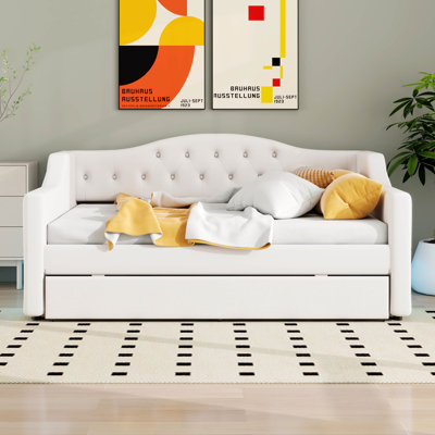 Upholstered Daybed With LED Belt And Trundle, Linen Sofabed For Kids Adults Bedroom,No Box-Spring Needed
