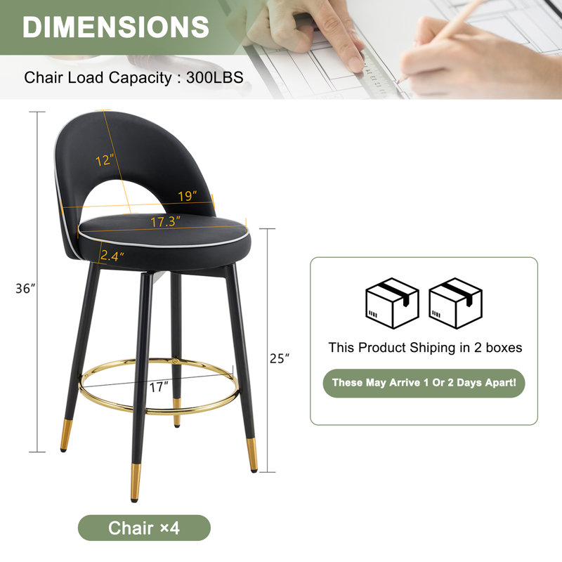 AriaHome 25" Upholstered Swivel Counter Stool with Low Back and Metal Footrest (Set of 4), 4, Black