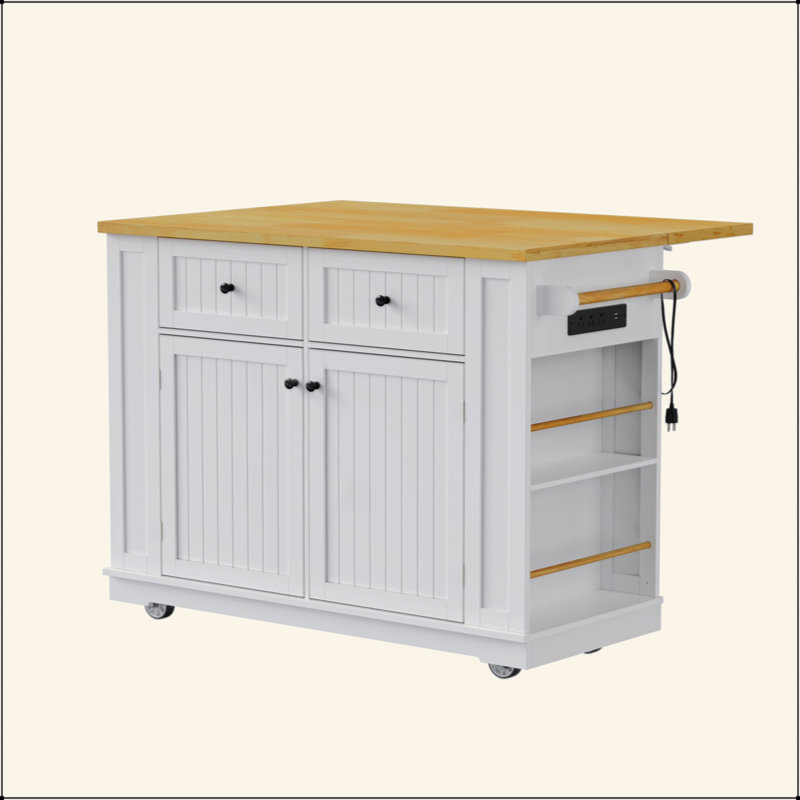 48 Inch Large Kitchen Island With Drop Leaf,Power Outlet,Internal Storage Rack,Rolling Kitchen Storage Cart On 5 Wheels With 5 Open Side Racks For Kitchen,Dining Room(Not Include Stools)