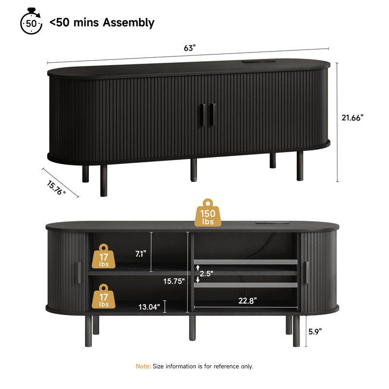 Meuble télé avec rangement et tablettes Jalonda, H 21,7 po x l 63 po x P 15,7 po, Noir