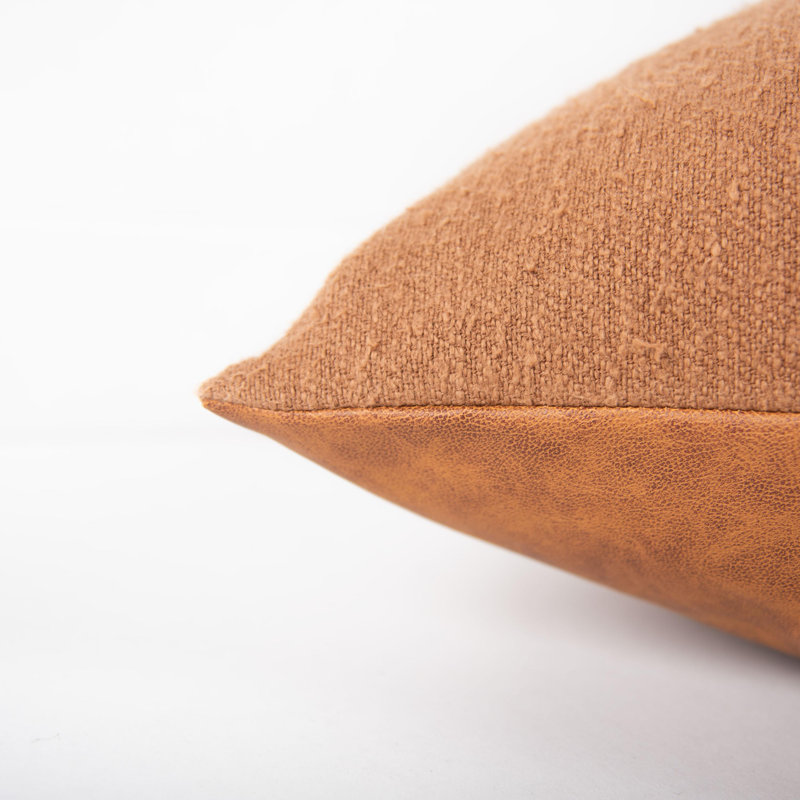 Saddle Brown Faux Leather and Cotton Boucle 20" Down Filled Pillow