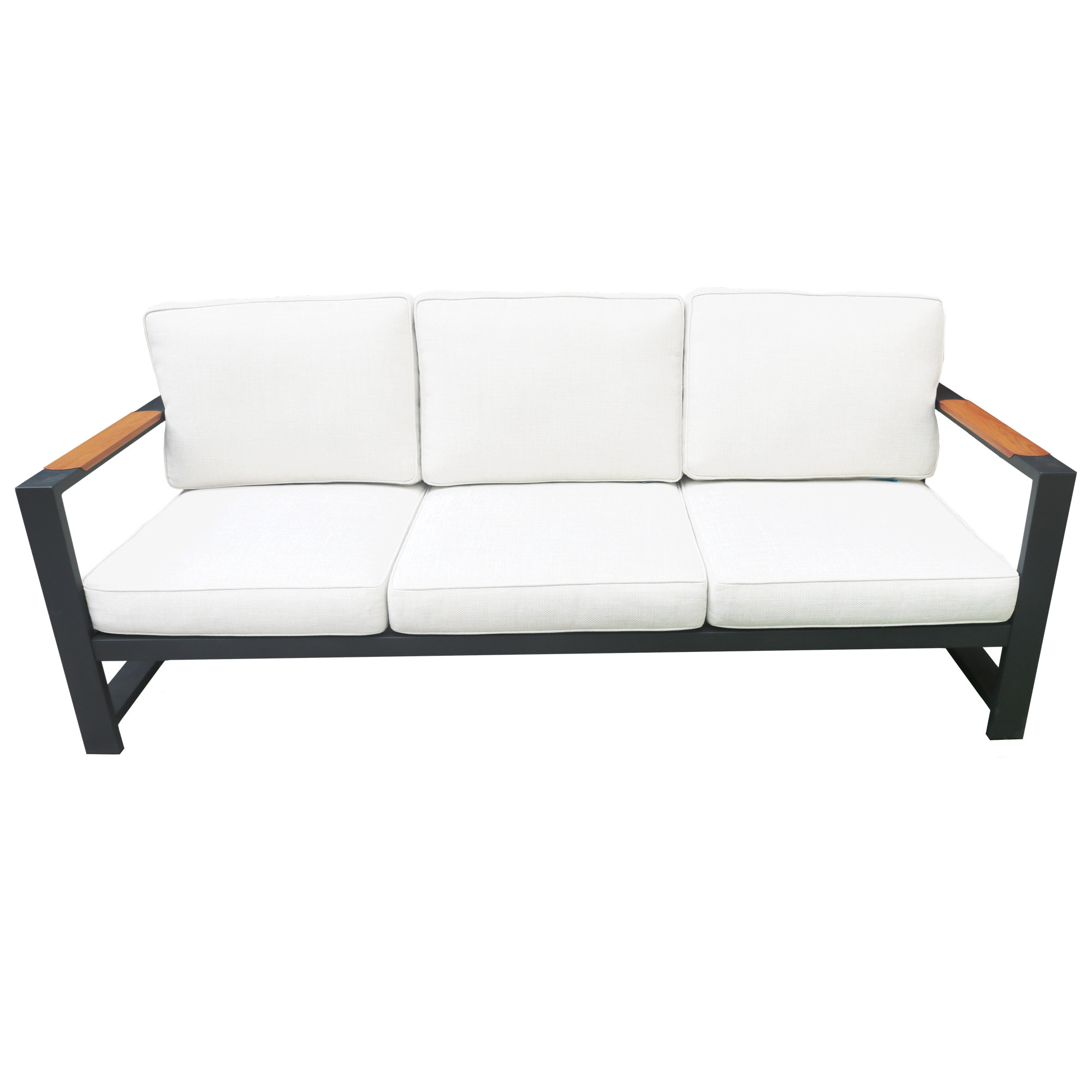 Aluminum Outdoor Sofa & Coffee Table Patio Conversation Set With Cushions, Ivory Cushion/Black Frame