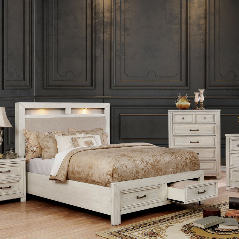 Lit plateforme avec rangement Allentown, Blanc antique, Très grand