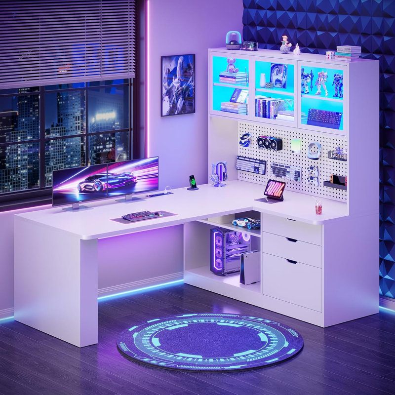 Bureau d'ordinateur avec base en métal Larinda, Blanc
