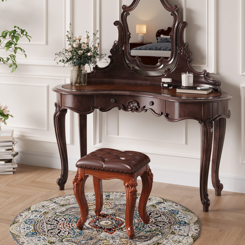 Tabouret de coiffeuse européen en bois massif rétro avec coussin en similicuir