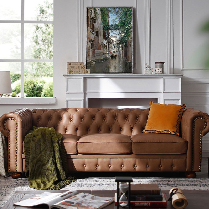 88.5'' Faux Leather Sofa, Brown Faux Leather