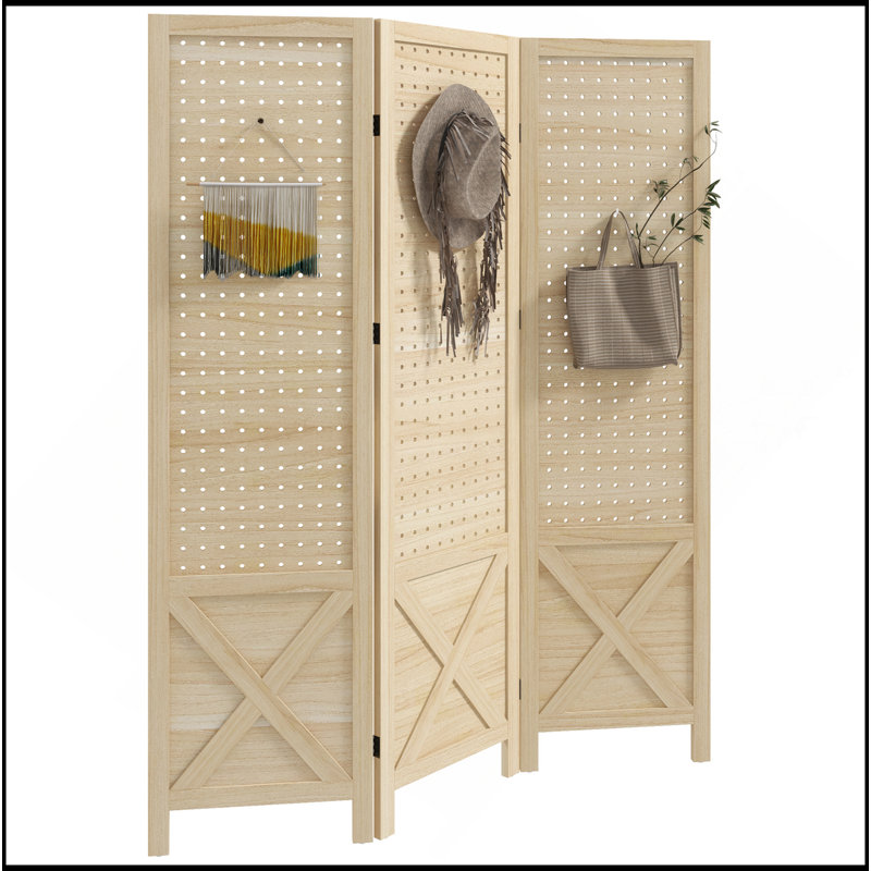 Paravent 3 panneaux perforés, écran d'intimité pliable portatif en bois de 4,7 pi de hauteur, cloison de séparation pour bureau personnel, naturel