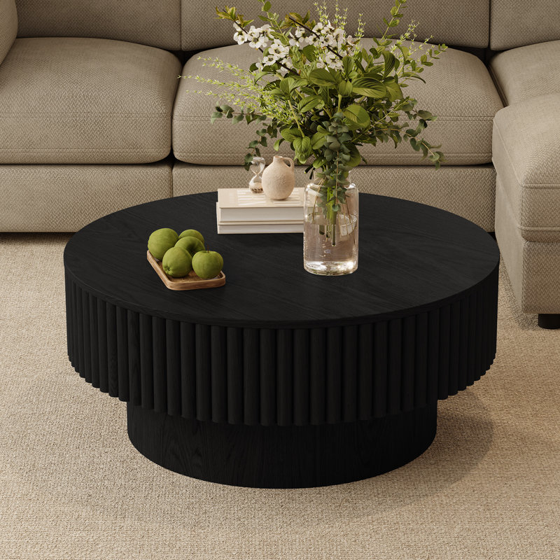 Round Drum Coffee Table with Storage, Black, 14" H x 35" W x 35" D