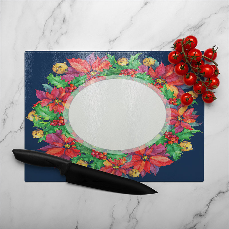 Holly & Bright Leaves Glass Chopping Board, 28cm L x 20cm W