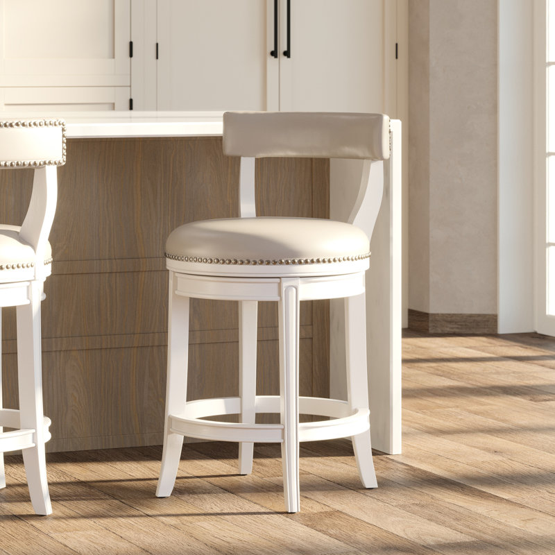 26" Counter-Height Bar Stool With 180-Degree Automatic Return, White Wood Frame, Gray Faux Leather Seat And Back, Nailhead Trim, Curved Legs, 20.41 In Depth, 20.73 Width, 37.03 Height, 26.36 Lb