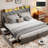 King Upholstered Platform Bed Frame, Bed with 4 Storage Drawers, Charging Station (2 USB), LED Lights and Storage Headboard-1078970906