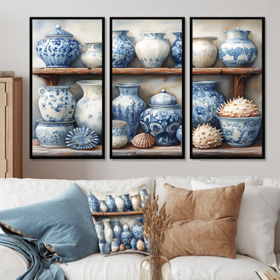 Poterie en tons de bleu et blanc I - ensemble d'art mural de poterie côtière