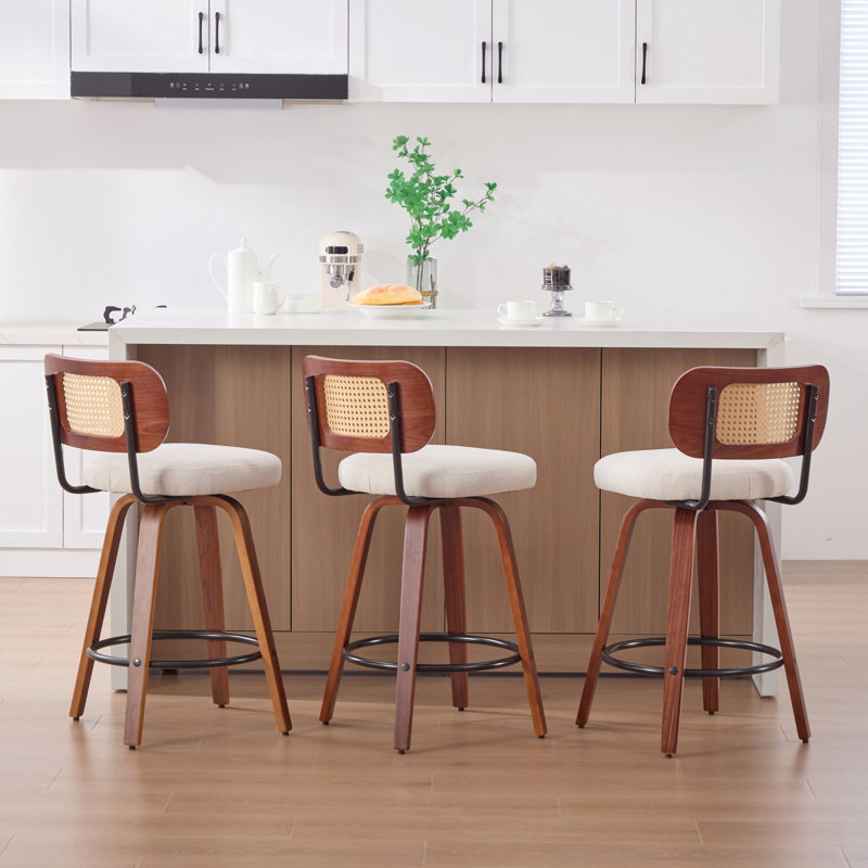 De 3 tabourets de bar, comptoir de 26 po, finition noire noyer, dossier en canne, revêtement en lin beige, pivotant pour îlot de cuisine ou bar, flux d'air arrière ventilé, 360 pieds et pieds, salle à manger de style américain avec