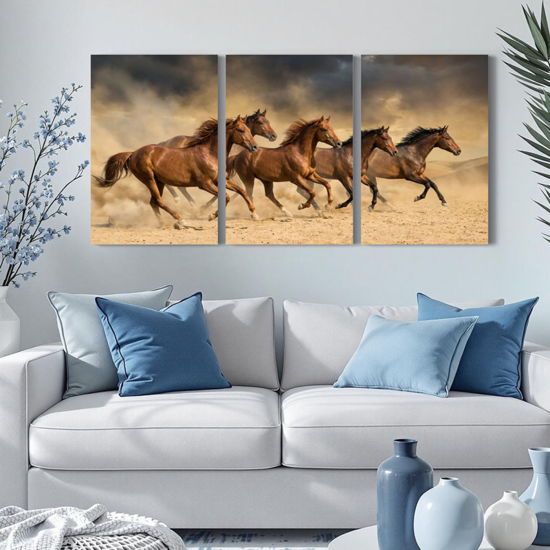 Ensemble de 3 tableaux sur toile représentant une scène de chevaux au galop, 1218