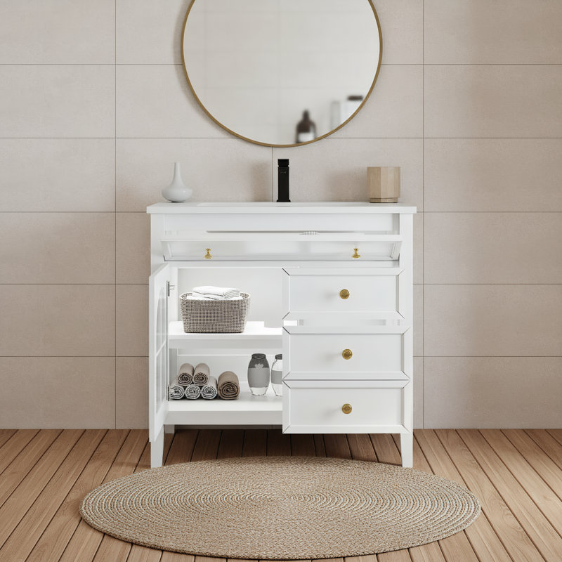 Meuble-lavabo autoportant 36 po avec éclairage à capteur, lavabo en verre à motifs et rangement Farmhouse, Blanc
