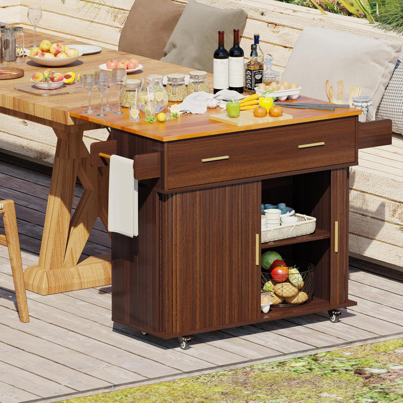Rolling Kitchen Island with Drop Leaf Countertop, Sliding Door Storage & Lockable Wheels, Walnut