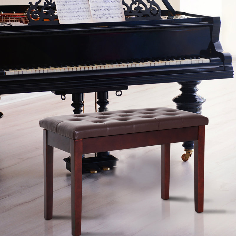 Chaise de piano avec rembourrage en similicuir brun et bois pour coussins en duo