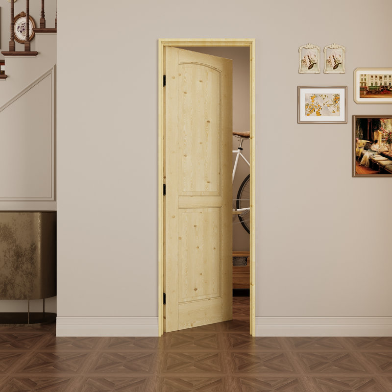 Porte intérieure à 2 panneaux en pin massif naturel de style colonial, pré-montée, avec kit de chambranle, joint d'étanchéité, charnières noires et ouverture vers l'intérieur à gauche, non finie et à peindre, pour garde-manger, chambre, salle de bain, placard et salon, 61 cm x 203 cm