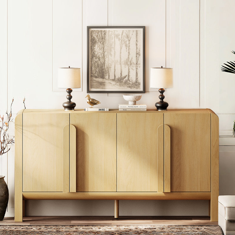 Adora 63" Accent Cabinet With 4 Doors And Adjustable Shelves, Modern Credenza Storage Cabinet With Curved Profile Design For Living Room, Kitchen, Dining Room, Hallway