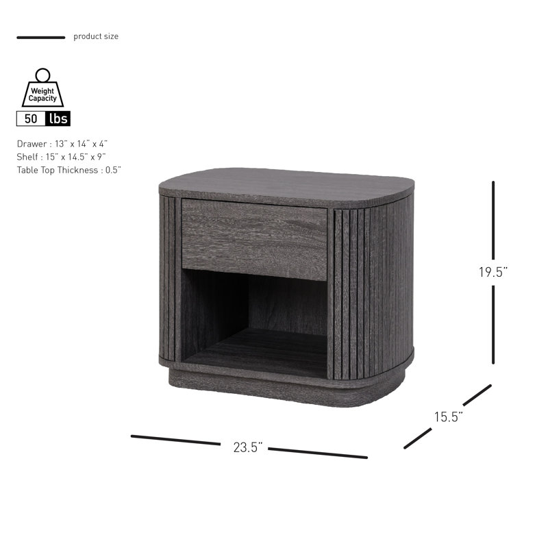 Clawson Nightstand with Drawer and Open Shelf, Charred Black