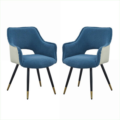 Living Room Bedroom Vanity Accent Seating Set of 2 Blue Finish Velvet Iron Arm Chairs